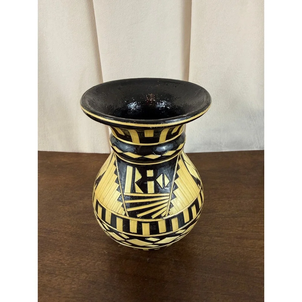 VTG‎ Black and Seagrass Bamboo Geometric Pattern Stoneware 6